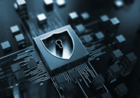 Futuristic image of a shield lock in computer hardware.