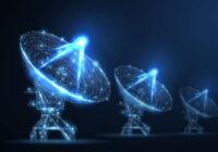 Parabolic antenna. Abstract 3d satellite antenna. Radio telecommunication, astronomical telescope, military radar, universe research observatory, data transmit, satellite signal receiver concept