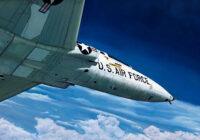 USAF T-38 jet flying through sky