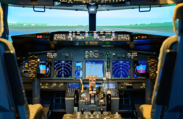 The inside of an airplane cockpit.