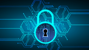 graphic with a digital lock and blue and green lines 